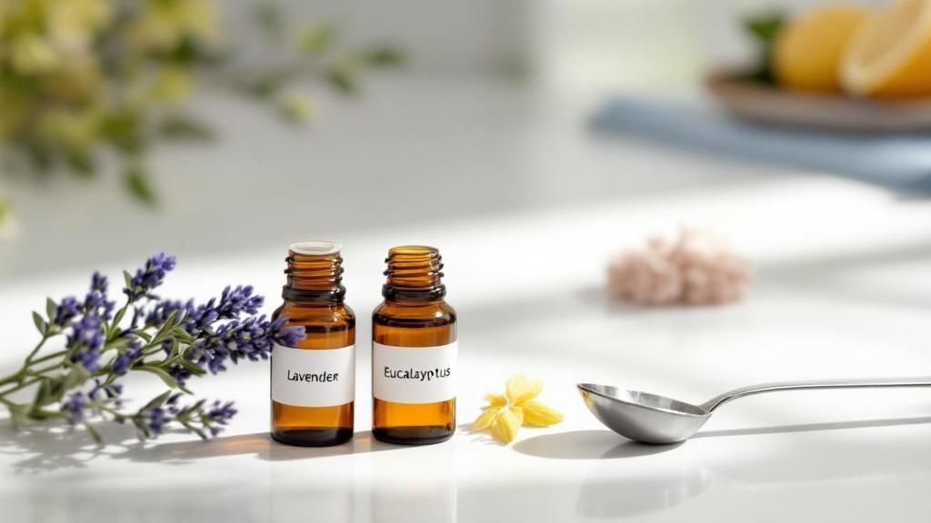 A person smelling different bottles of fabric spray in a stylish setting