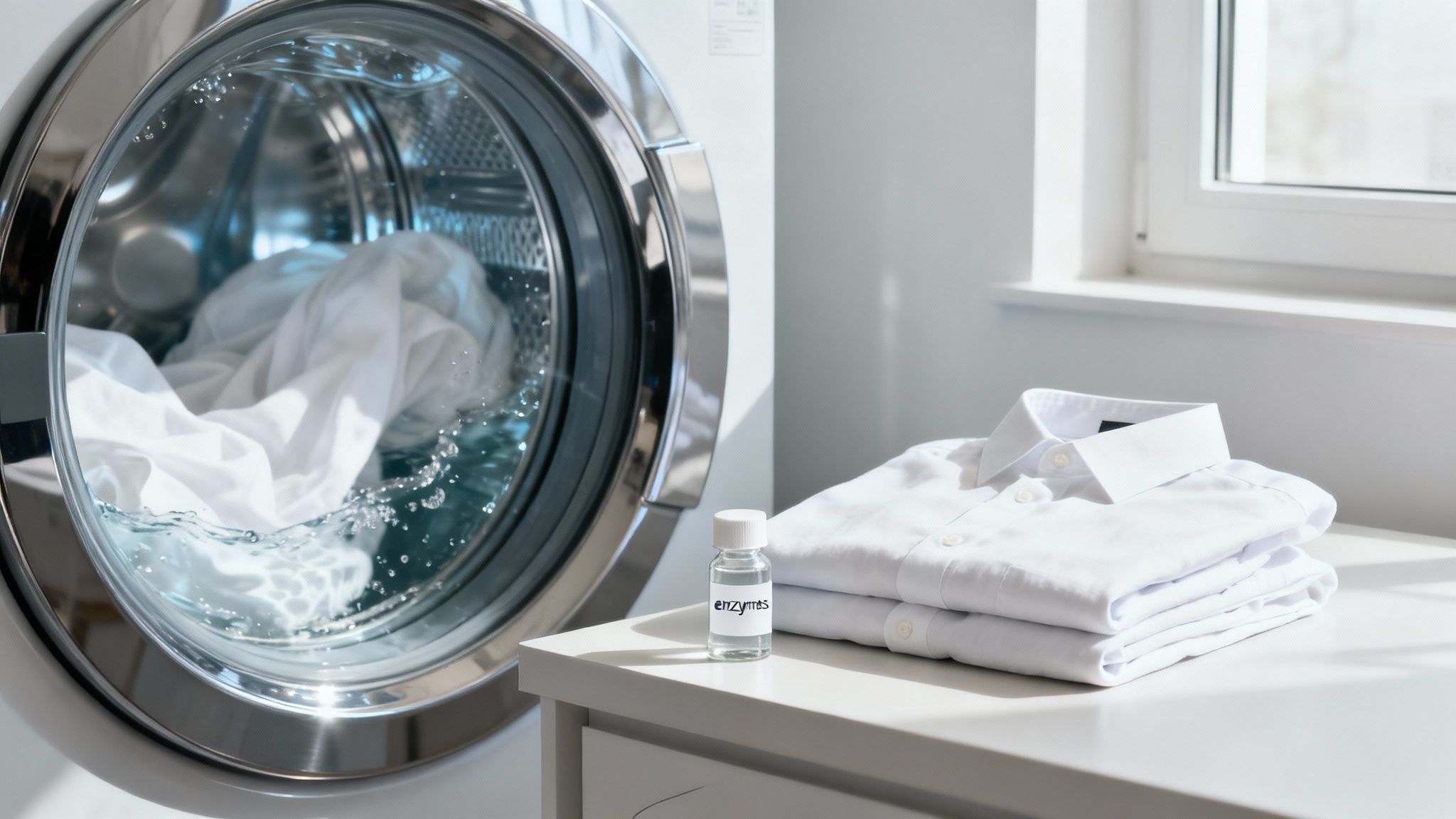 A person smelling freshly laundered and folded white towels.