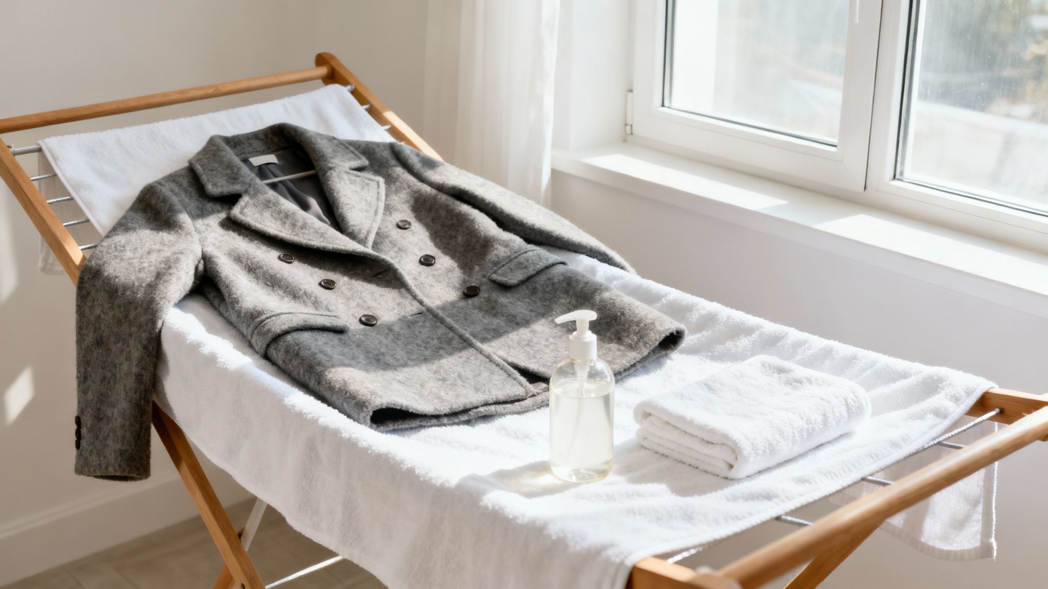 A fluffy white coat hanging to dry, perfectly restored after washing.
