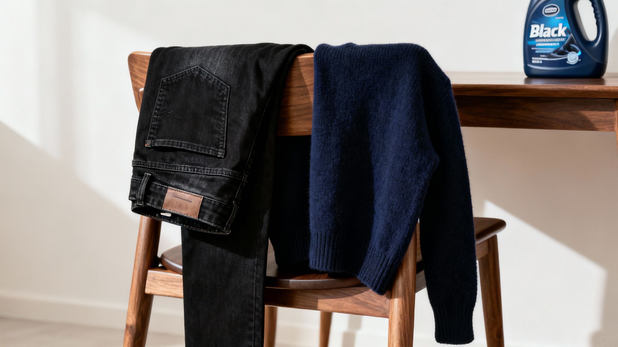A neatly folded stack of dark clothes including jeans and sweaters, showcasing their vibrant colors.