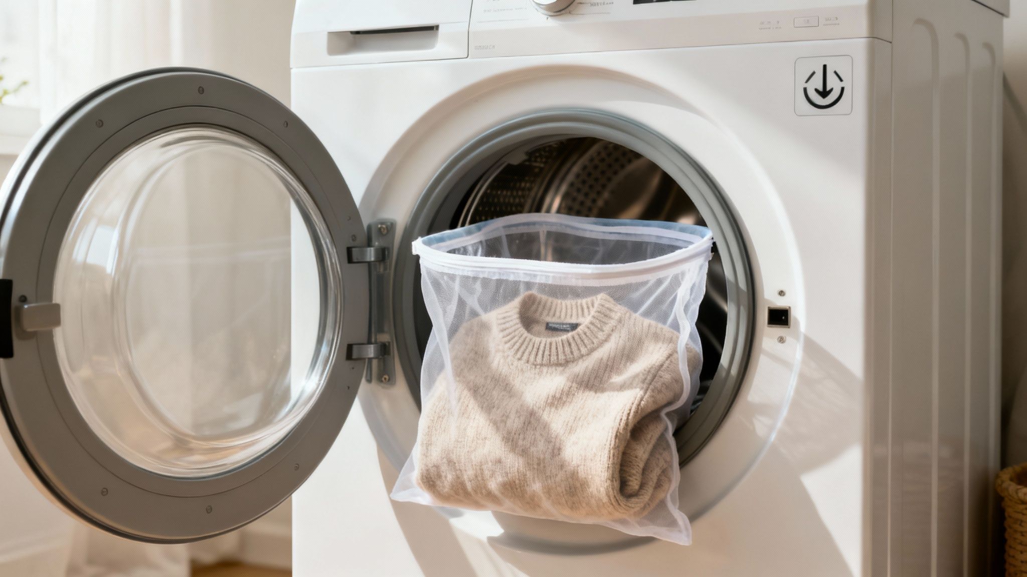 Beige cashmere sweater in mesh laundry bag placed in front of white washing machine