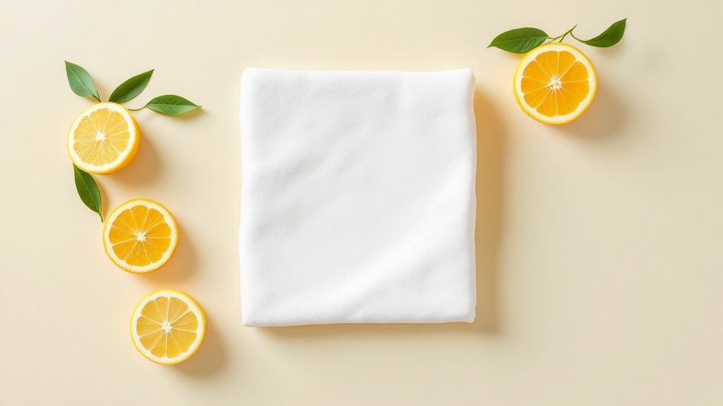 A a person smelling fresh laundry with a backdrop of flowers and fruits representing different scent families.