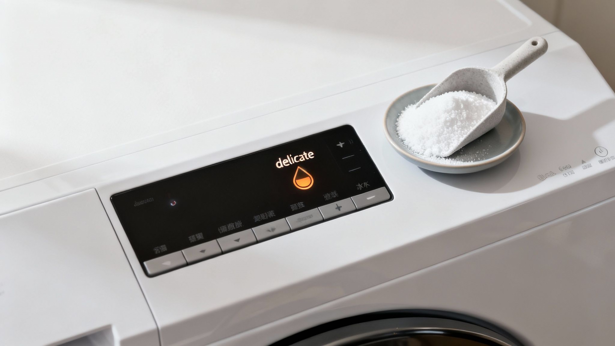 A modern washing machine with a laundry basket full of clothes next to it.