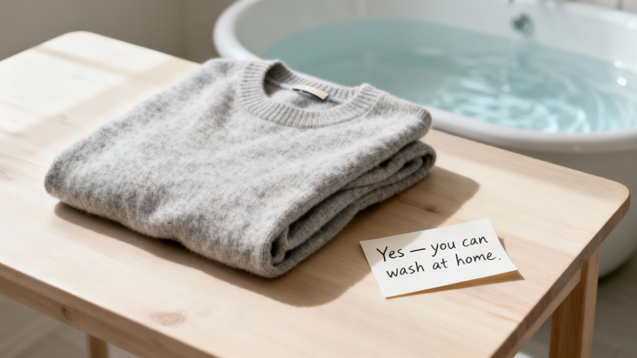 A soft beige cashmere sweater being gently washed in a sink with soapy water