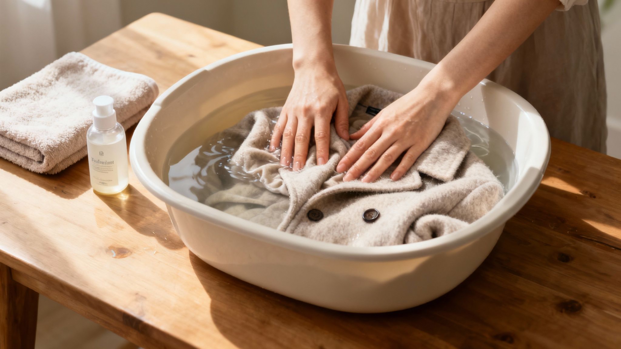 A person gently hand-washing a delicate coat in a basin of water.