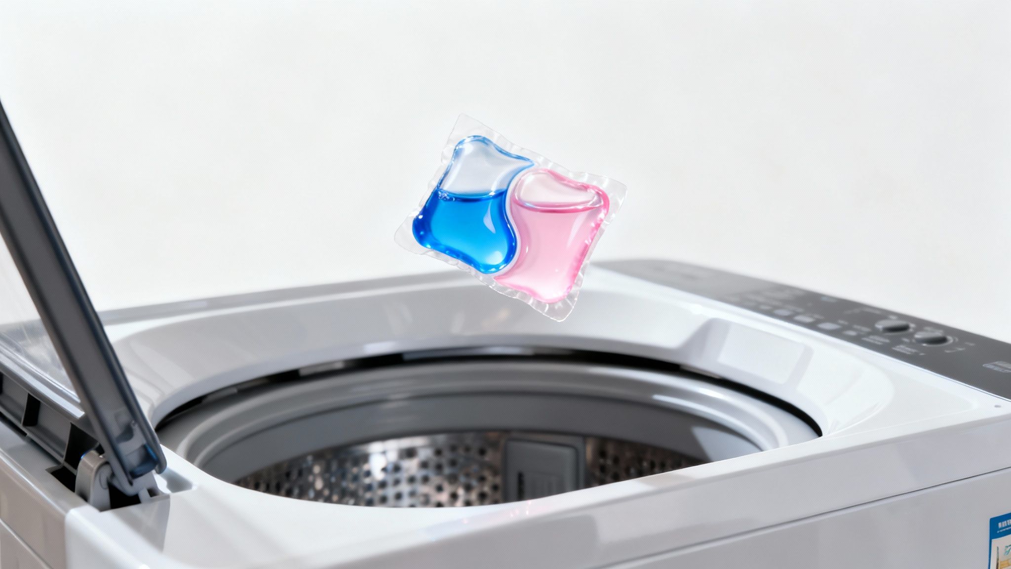 A hand holding a multi-colored laundry detergent pod with fabric softener over a pile of clean, folded towels.