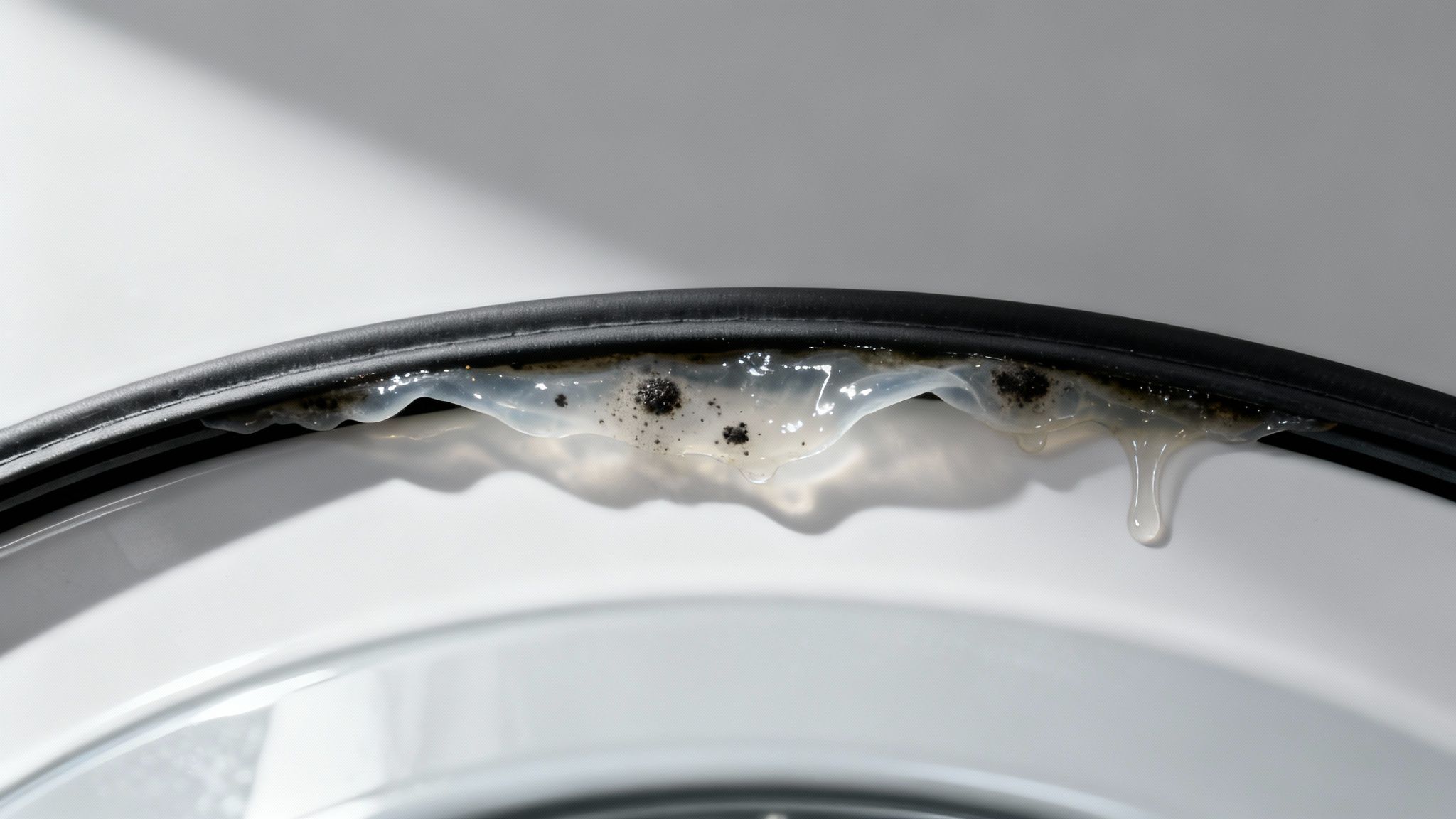 A gloved hand inspecting the rubber gasket of a front-load washing machine.