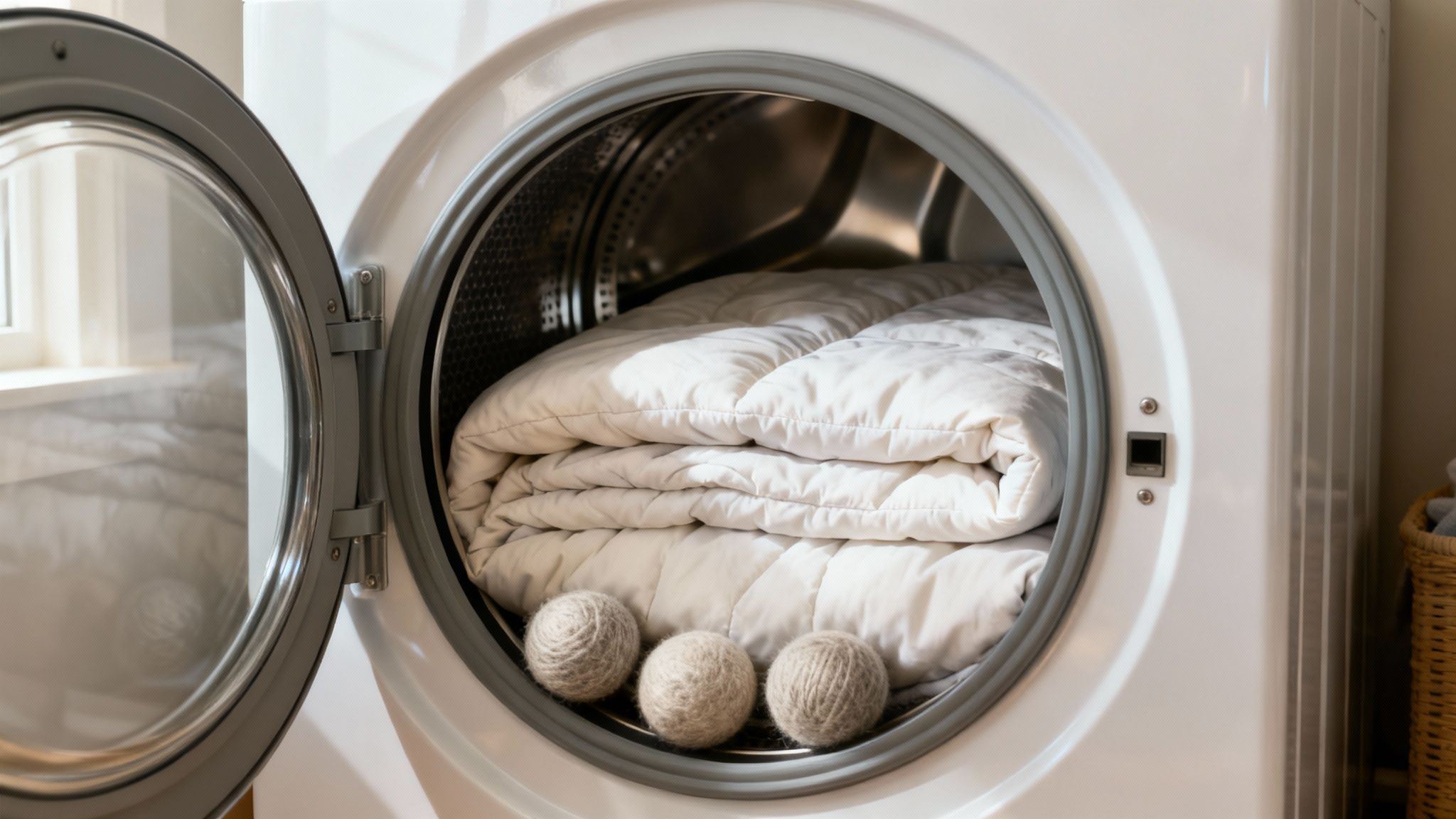 Wool dryer balls next to a neatly folded comforter.