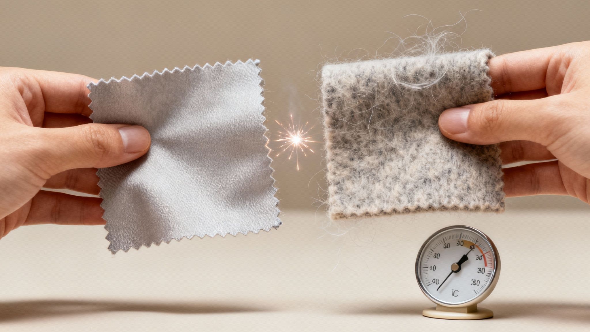 Comparison of smooth anti-static fabric versus fuzzy static-prone material with temperature gauge