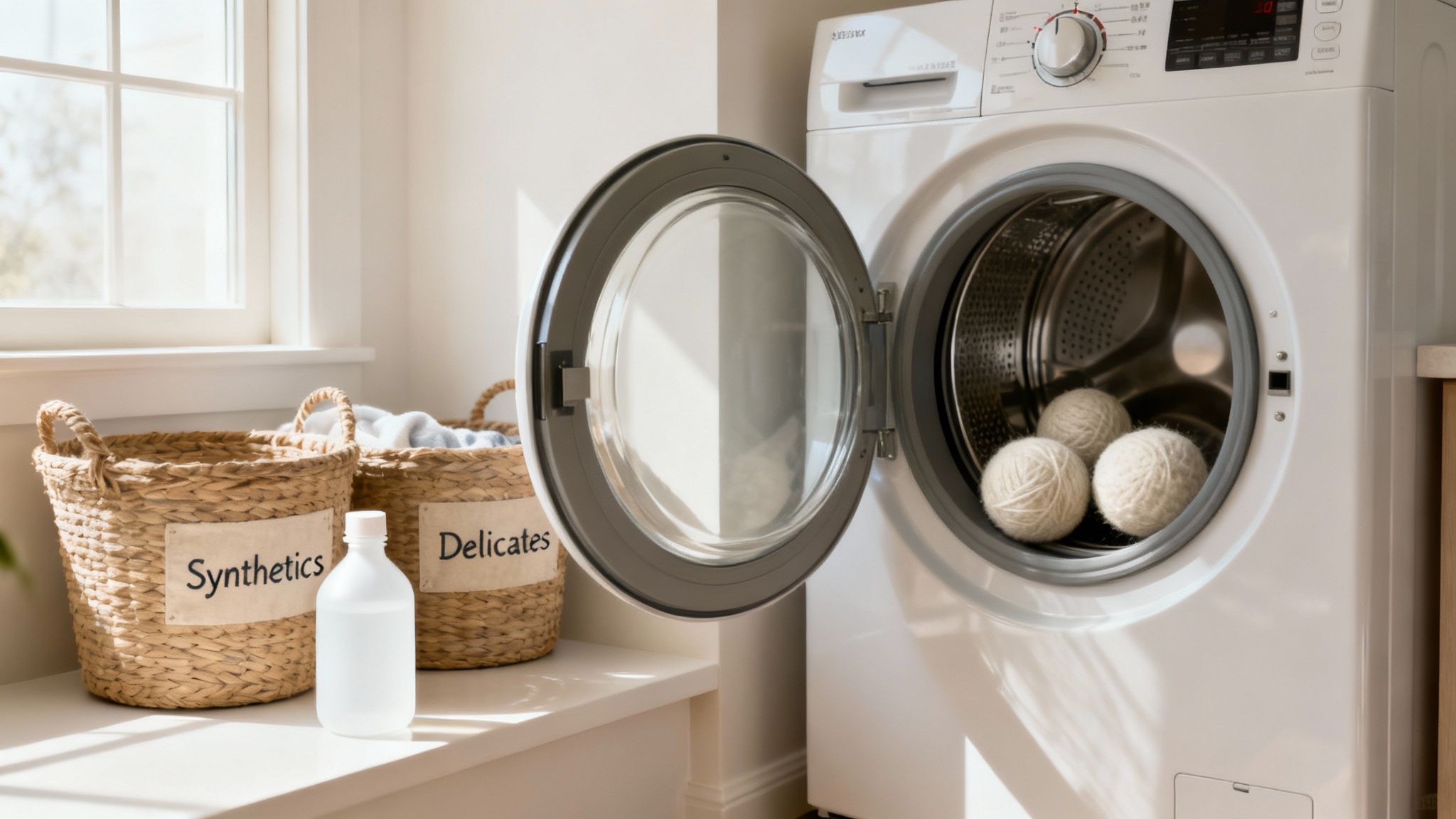 Open front-loading washing machine with wool dryer balls inside for reducing static cling naturally