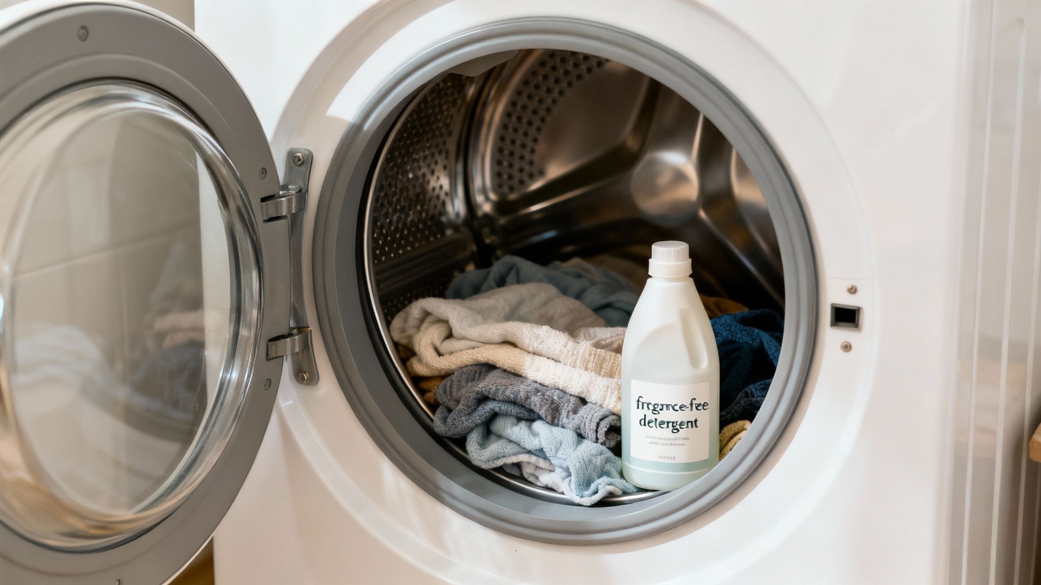 Close-up of a modern, clean washing machine's control panel and drum.