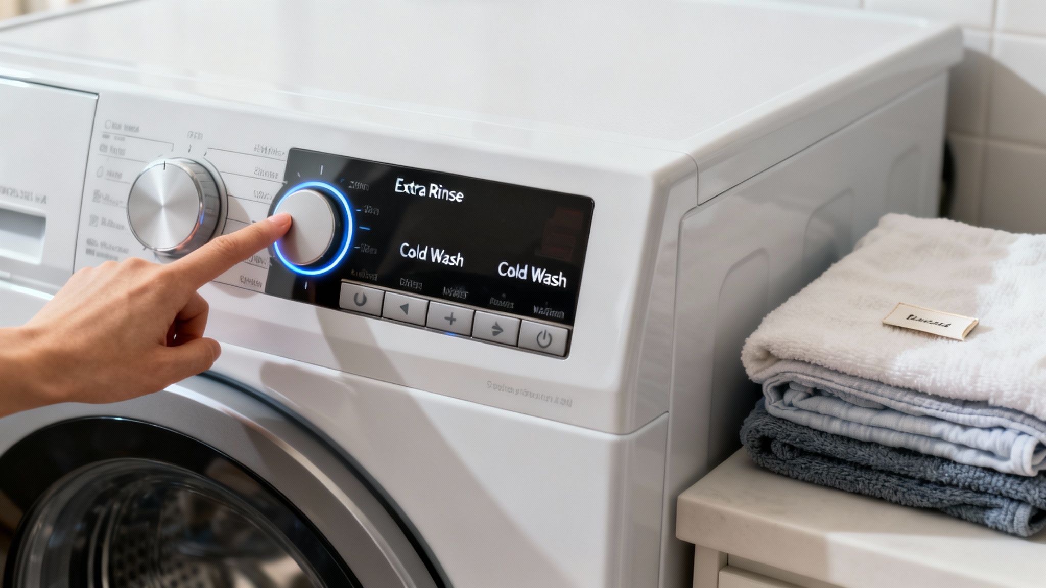 A close-up shot of a modern washing machine's control panel, with a hand adjusting the settings.
