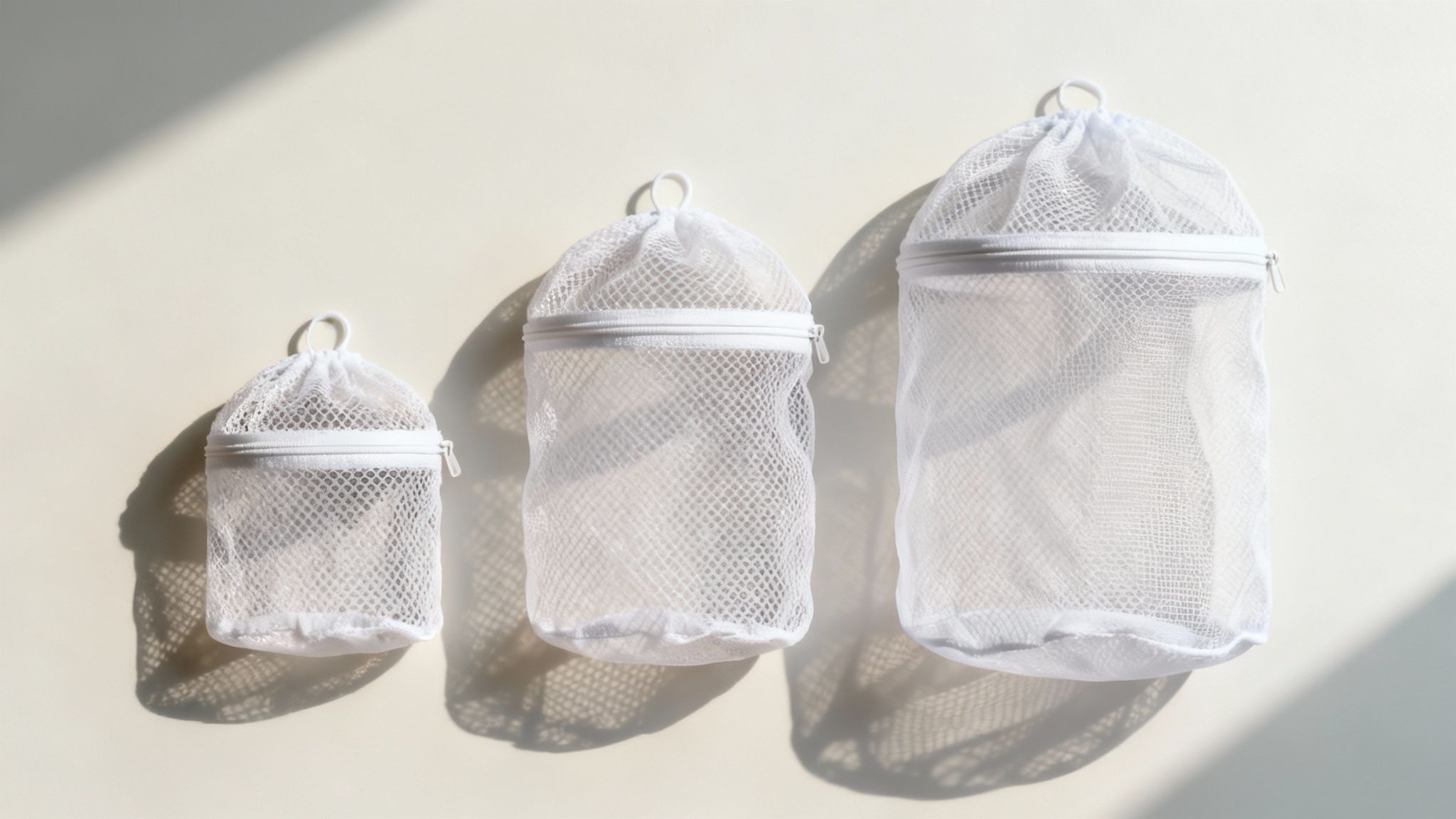 A person placing a delicate item into a laundry mesh wash bag
