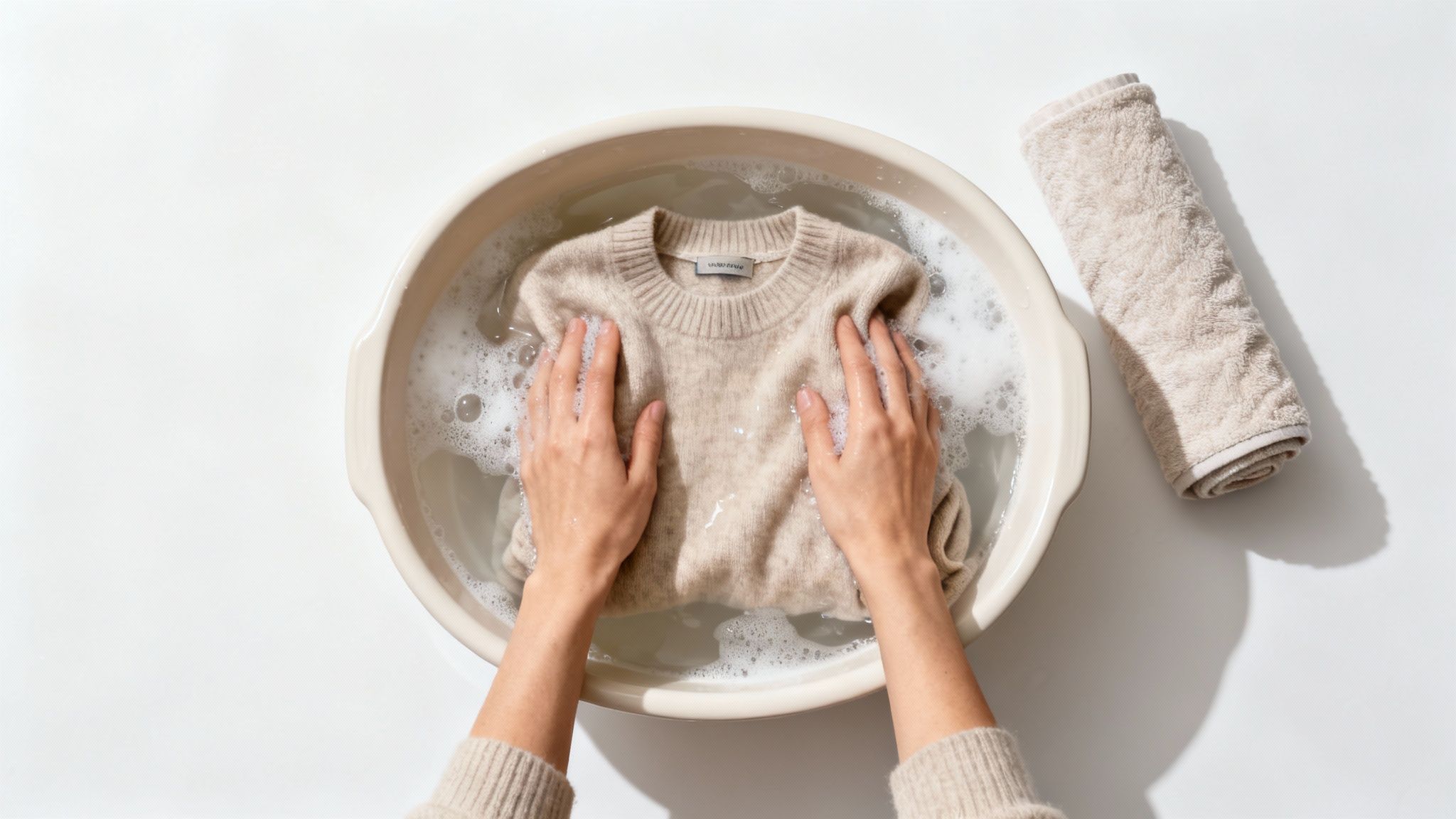 A person gently handwashing a merino wool garment in a basin of water.