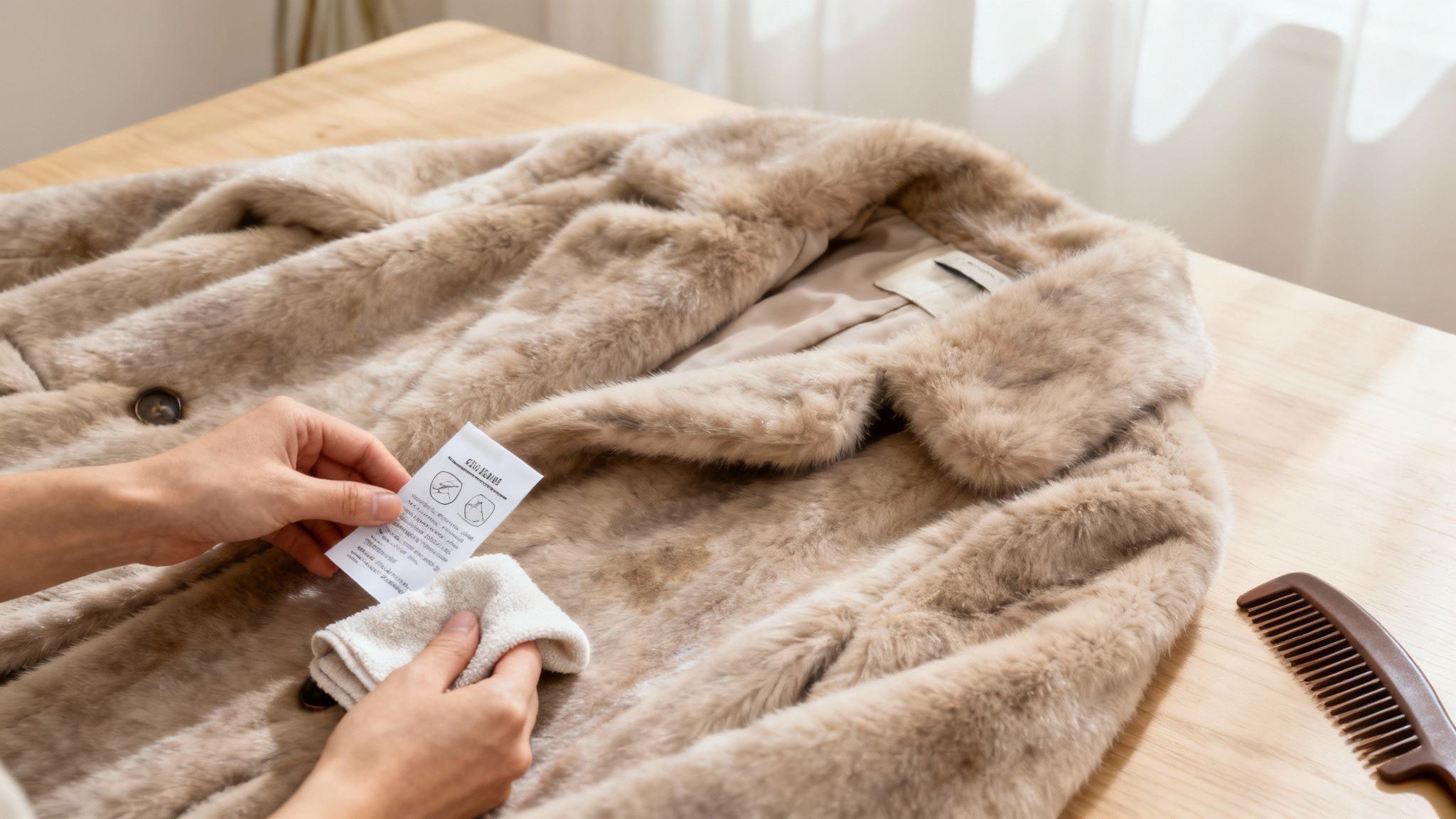 A person brushing a white faux fur coat with a wide-toothed comb.