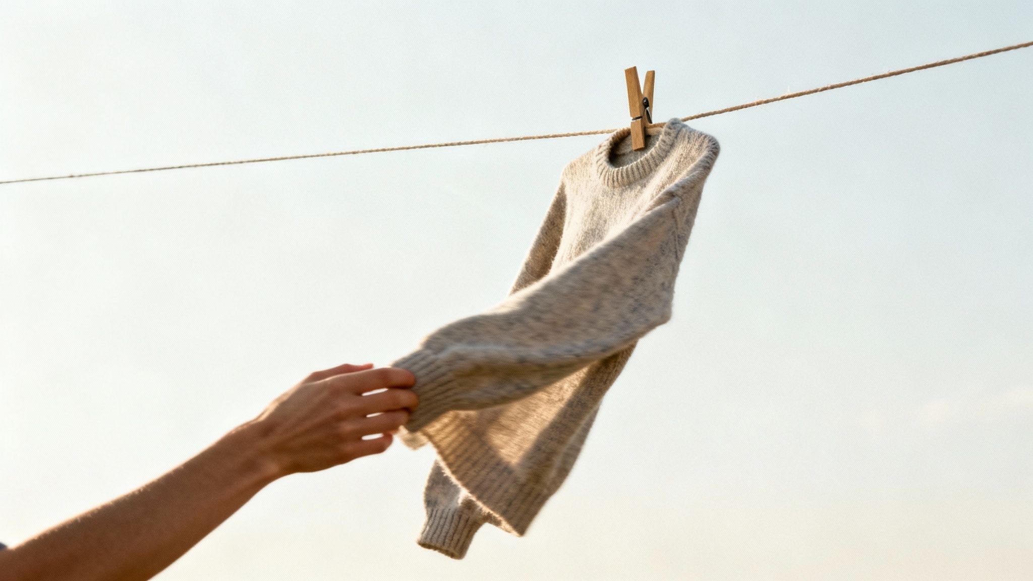 Clean, soft clothes hanging on a clothesline in a sunny outdoor setting.