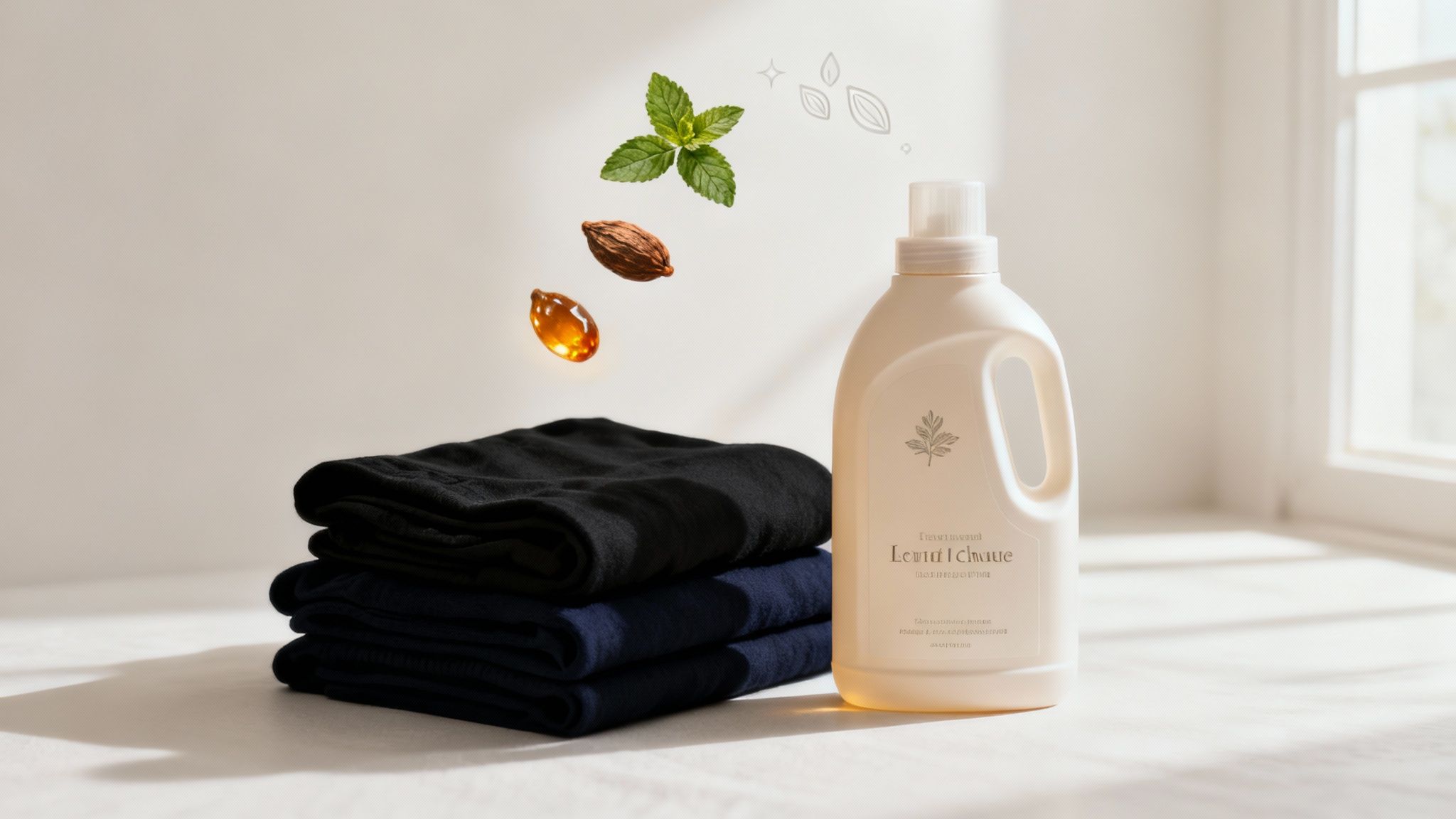 A bottle of luxury fabric softener next to a bouquet of dark flowers and rich textiles.