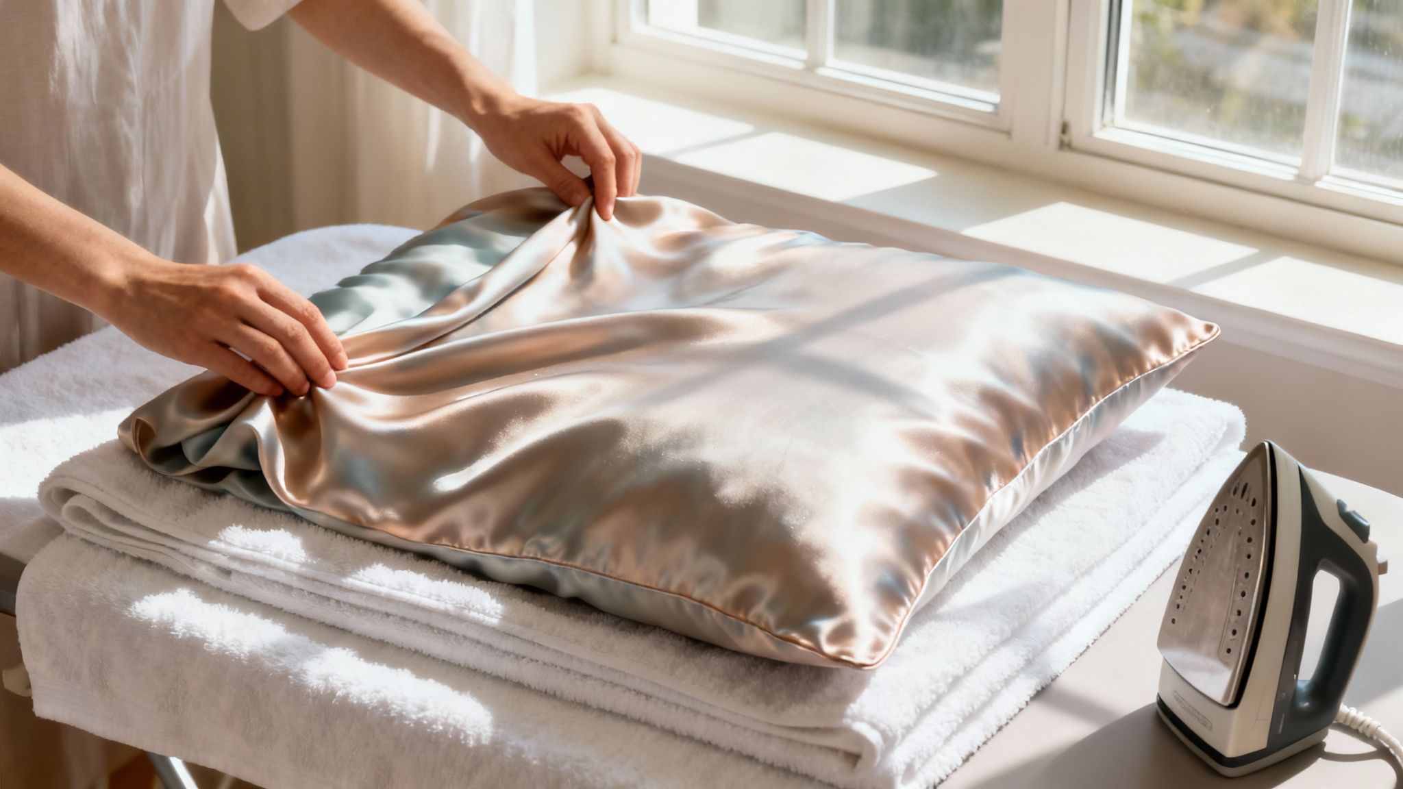 A silk pillowcase laid flat on a clean, white towel to air dry.