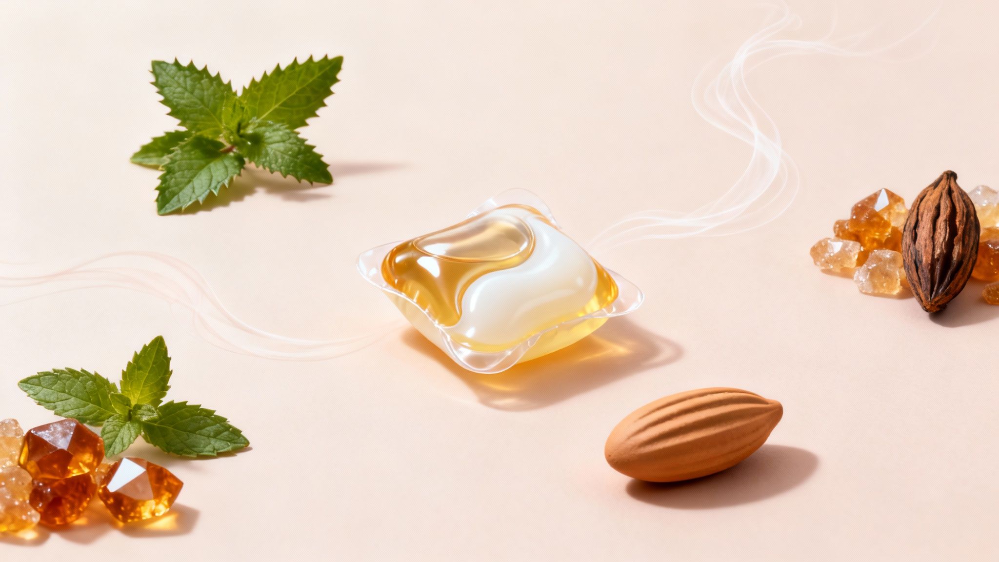 A luxurious perfume bottle next to a single, elegant laundry detergent pod on a dark, reflective surface.
