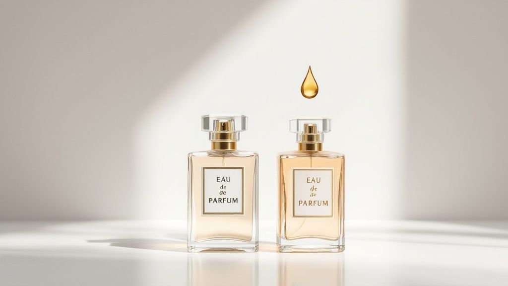 A collection of perfume bottles with various ingredients like flowers and spices arranged around them.