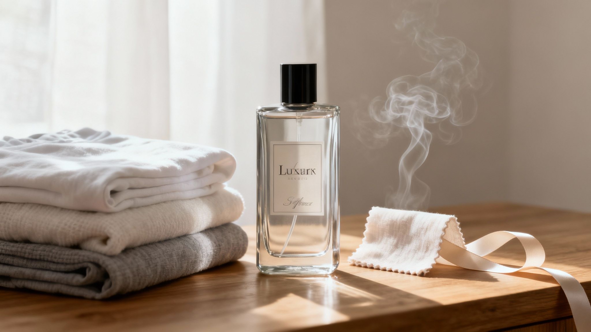 A collection of beautifully packaged luxury fabric softeners next to a stack of clean, folded clothes.