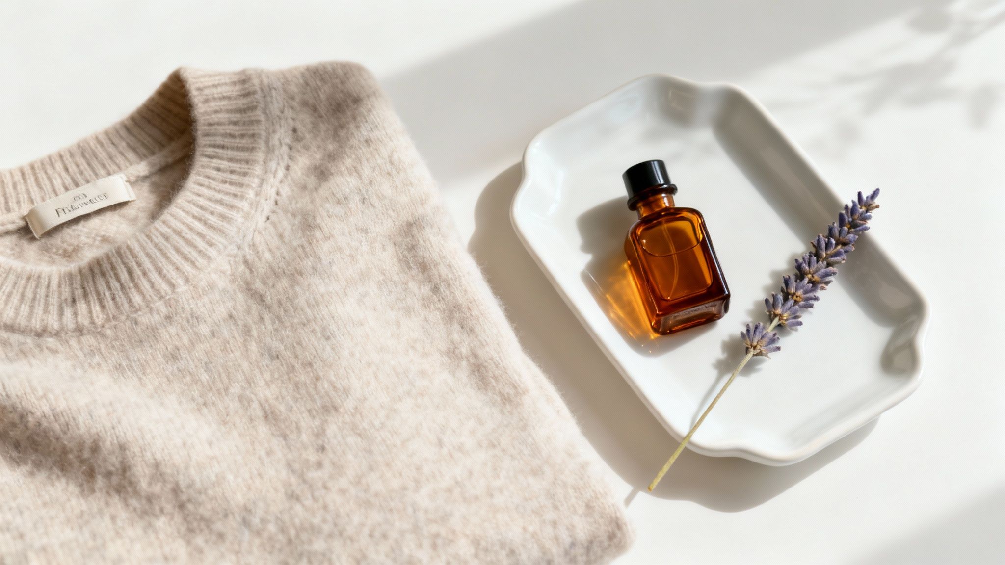 A close-up of a luxurious perfume bottle next to neatly folded cashmere sweaters.