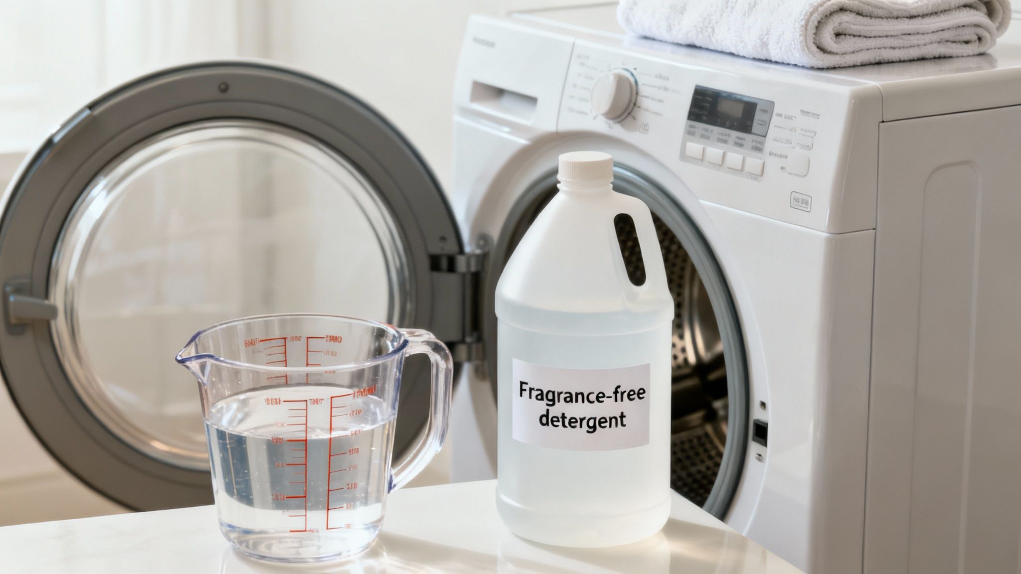 A close-up shot of a person pouring a clear, unscented detergent into a washing machine.