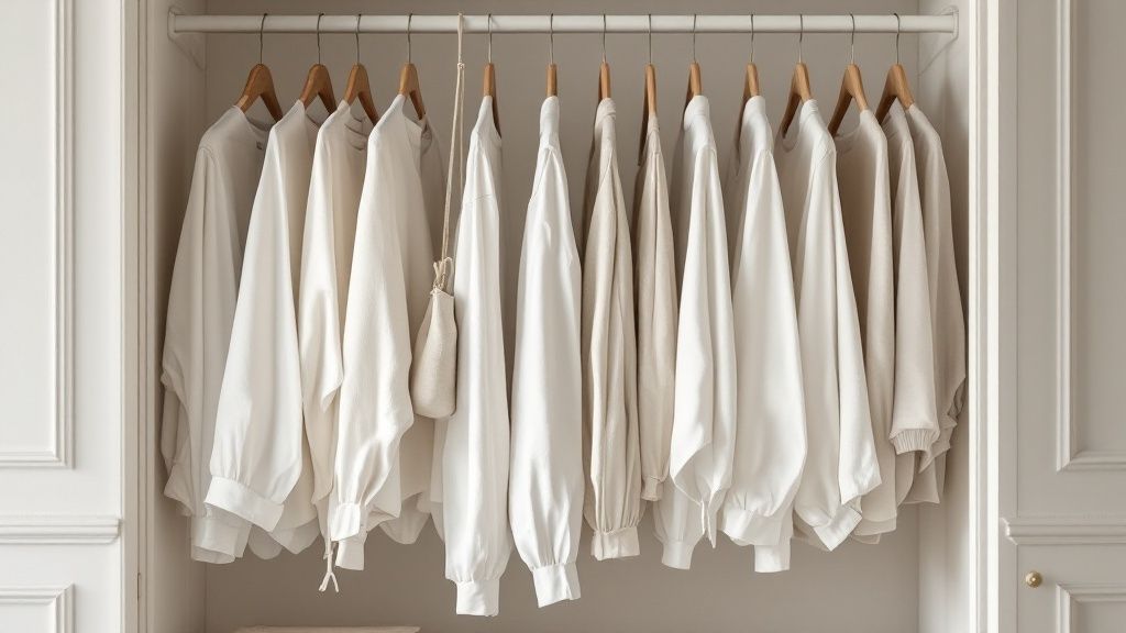 Clean laundry hanging on a line to dry with a closet in the background.