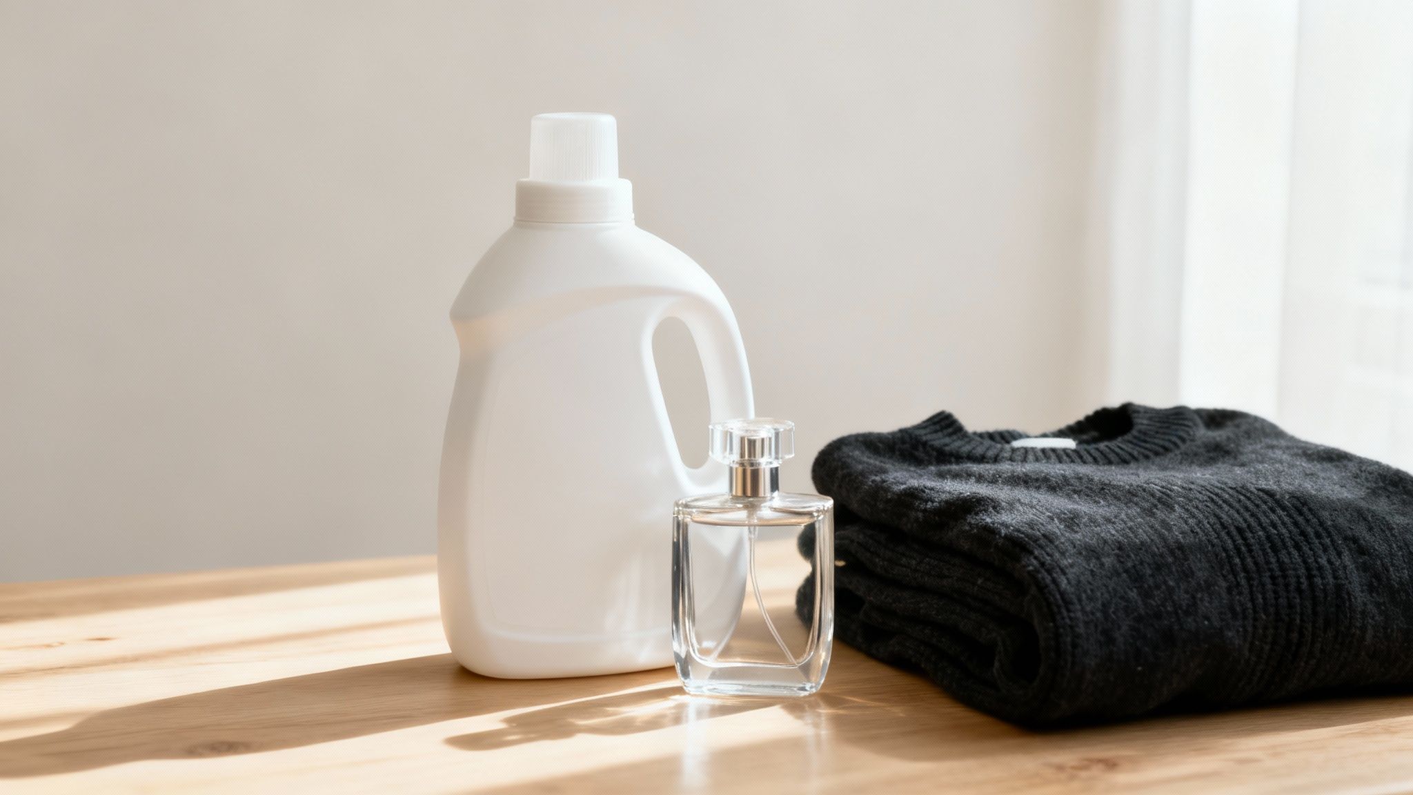 Person enjoying the luxurious scent of freshly washed dark clothes.