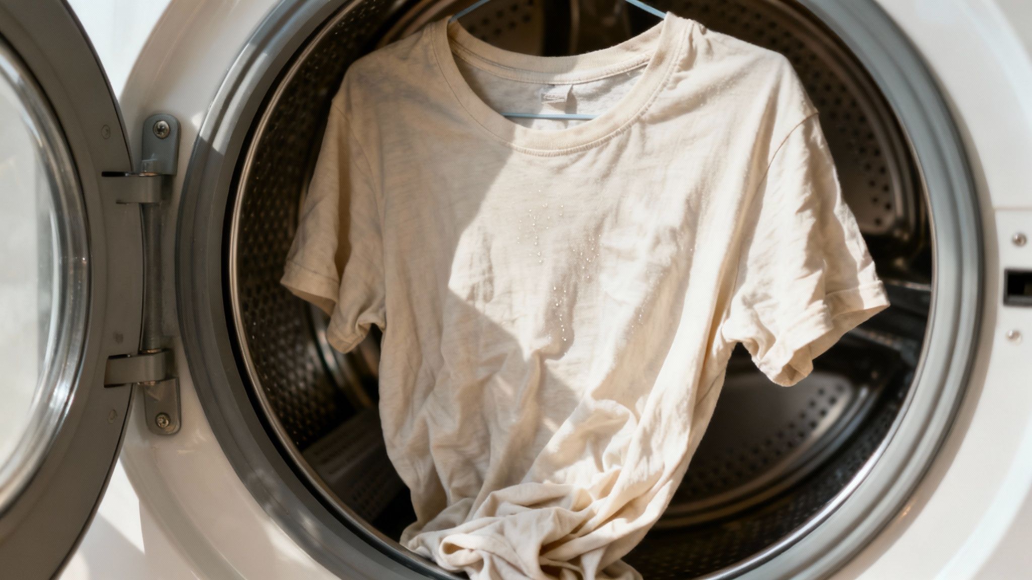 A person smelling a freshly washed towel with a dissatisfied expression.