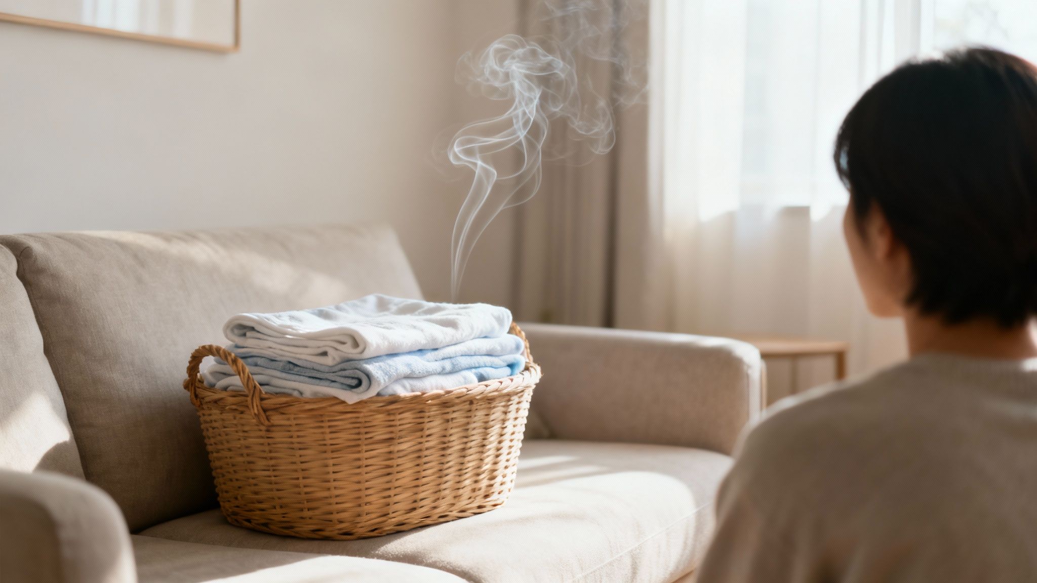 A stylish living room where a person is relaxing, oblivious to the pleasant scent of a candle.