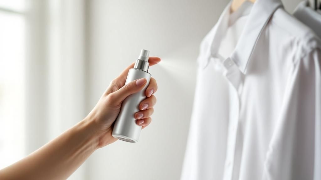 A person lightly misting a suit jacket with a fabric spray for clothes