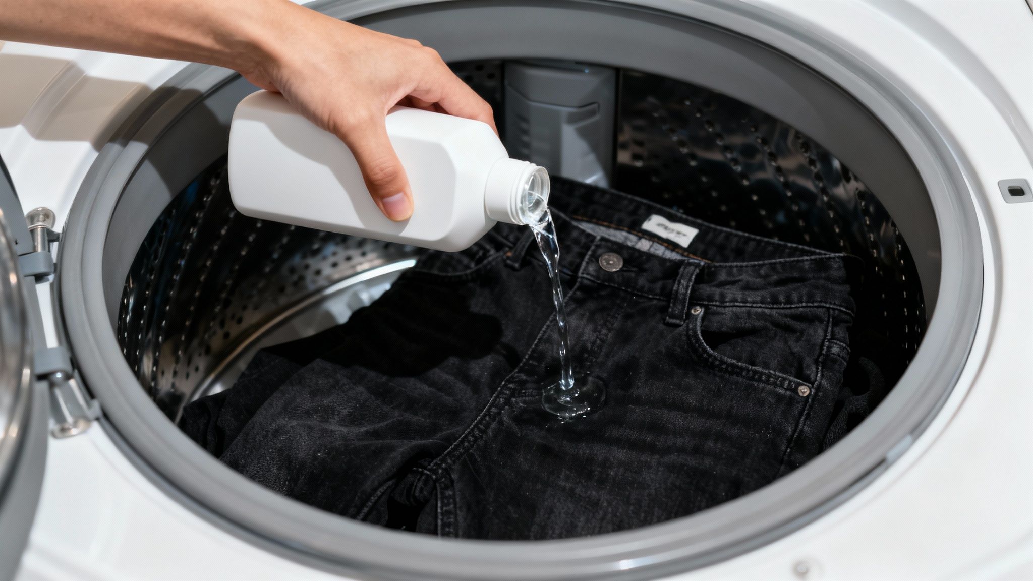 A neatly folded stack of dark clothes next to a bottle of laundry detergent.