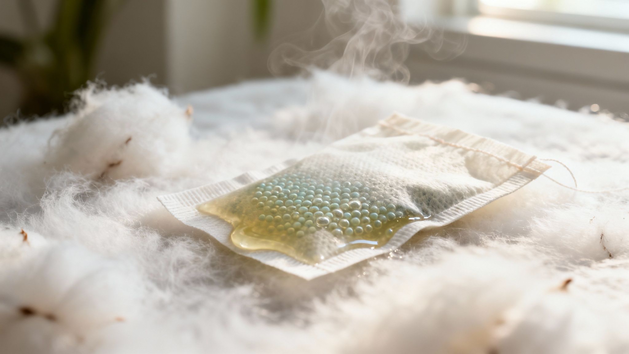 A single scented dryer sheet held up against a backdrop of fresh laundry