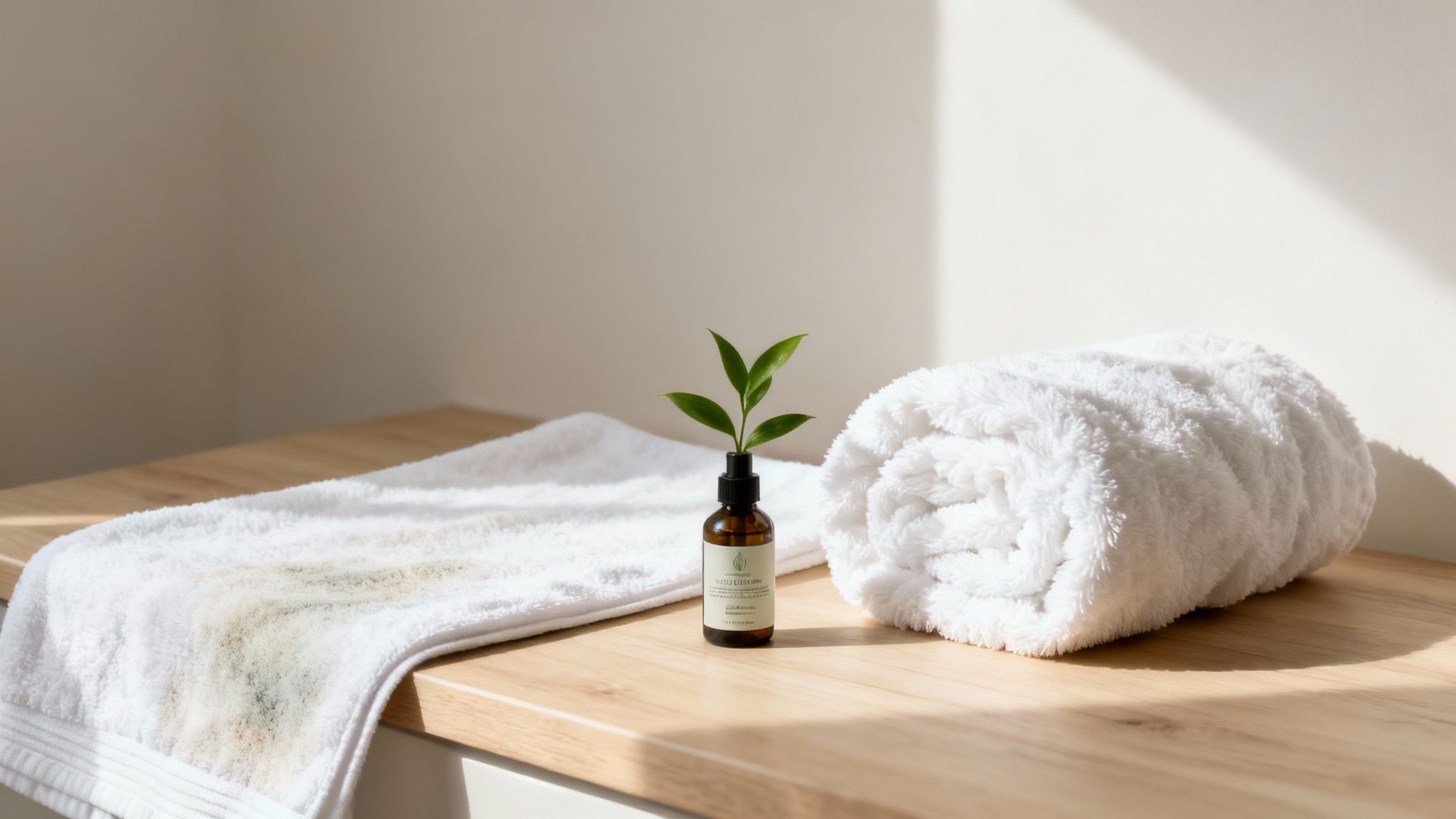 Fluffy, neatly folded towels stacked on a clean surface.