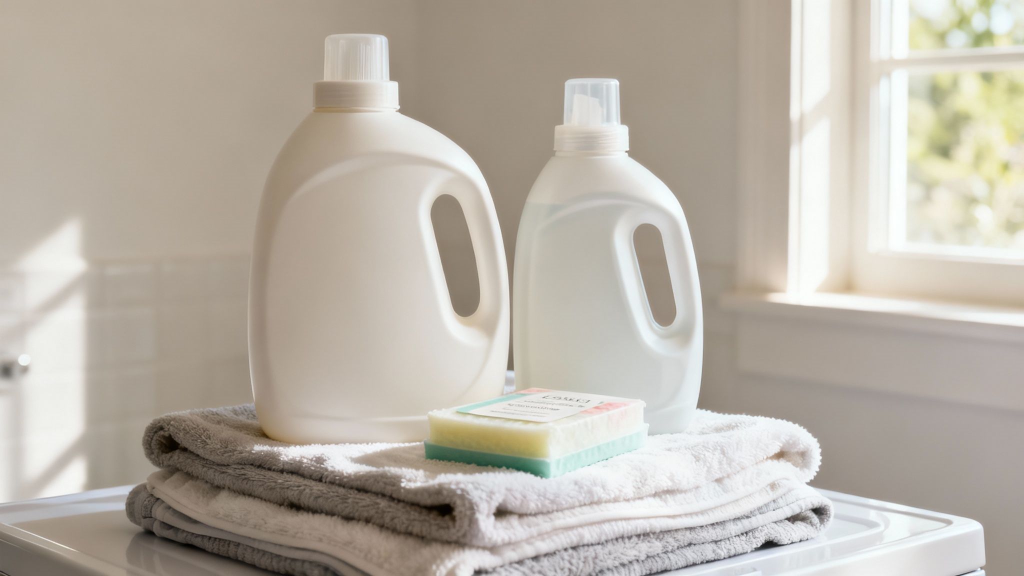 Three distinct layers representing detergent, fabric softener, and a dryer sheet.