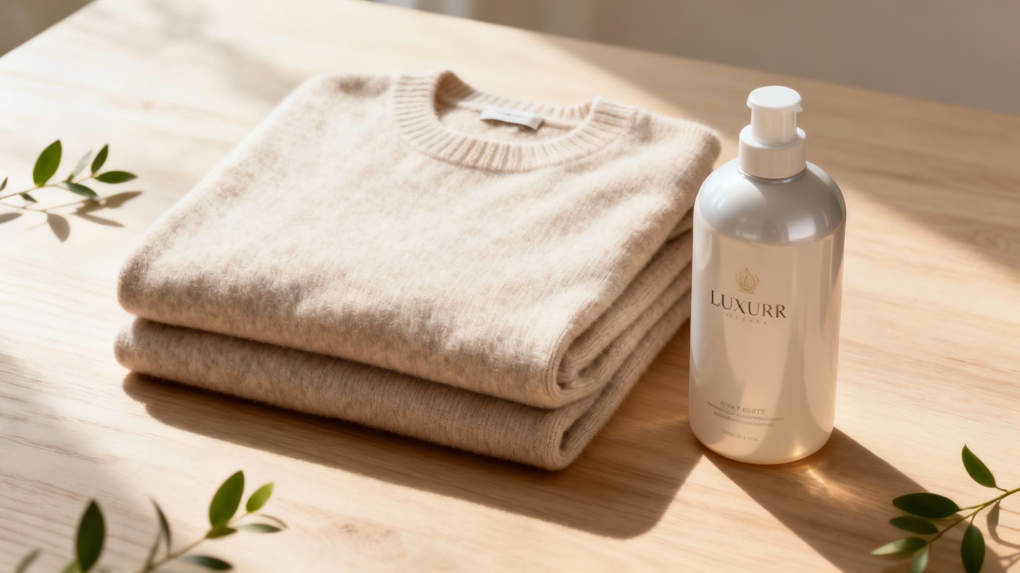 A luxurious bottle of scented fabric softener next to a neatly folded cashmere sweater