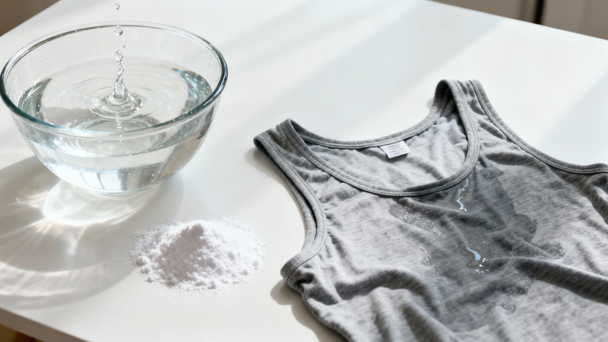 Someone pre-treating a shirt by sprinkling baking soda on it