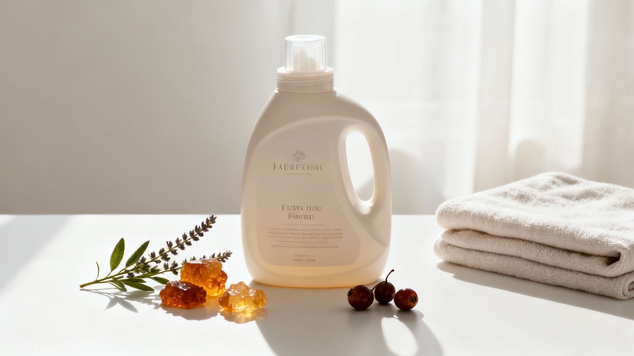 A luxurious bottle of fabric softener next to a neatly folded, clean sweater.