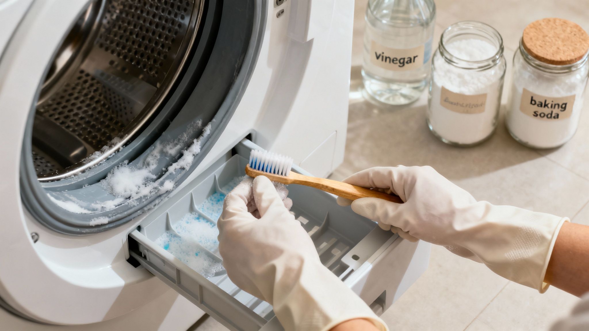A person using a sponge and spray bottle to clean the inside of a washing machine drum.