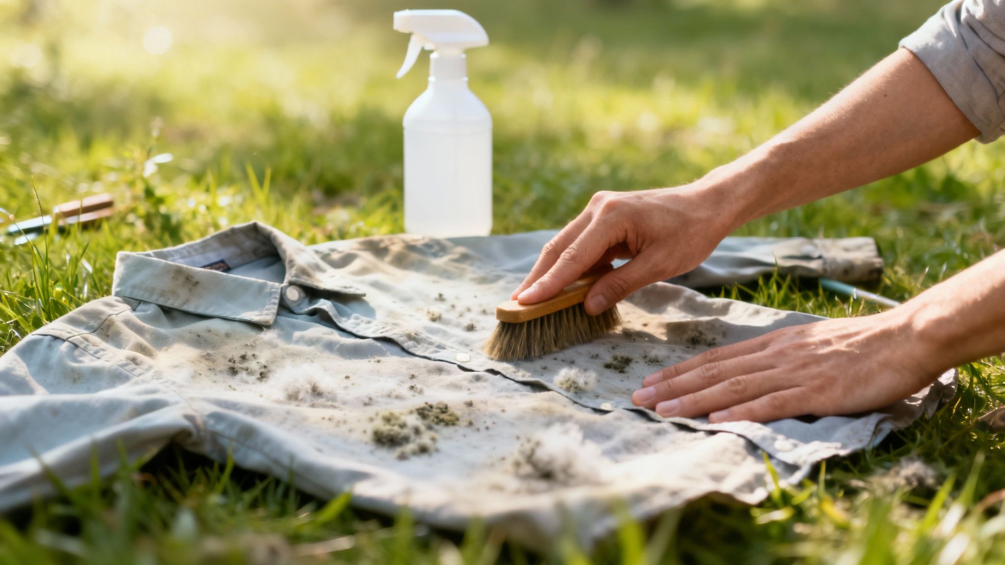 Close-up of hands cleaning a moldy shirt with a scrub brush and spray bottle in sunlight.
