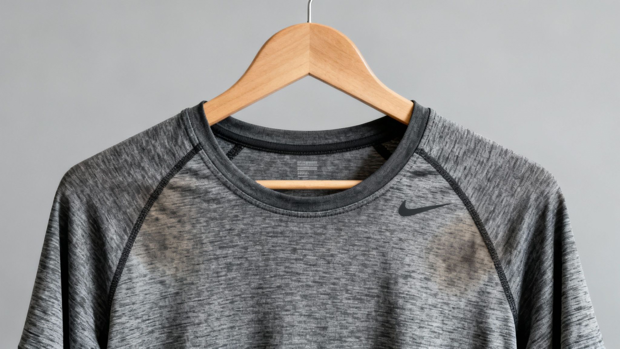 A person smelling a freshly washed shirt with a frustrated expression