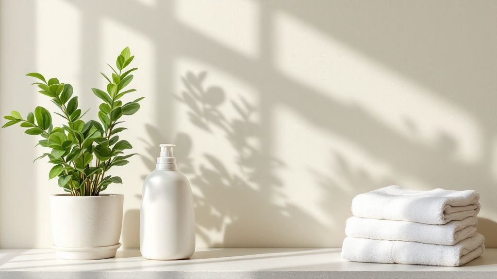 A bottle of Active Scent detergent next to a folded stack of clean, luxurious towels.