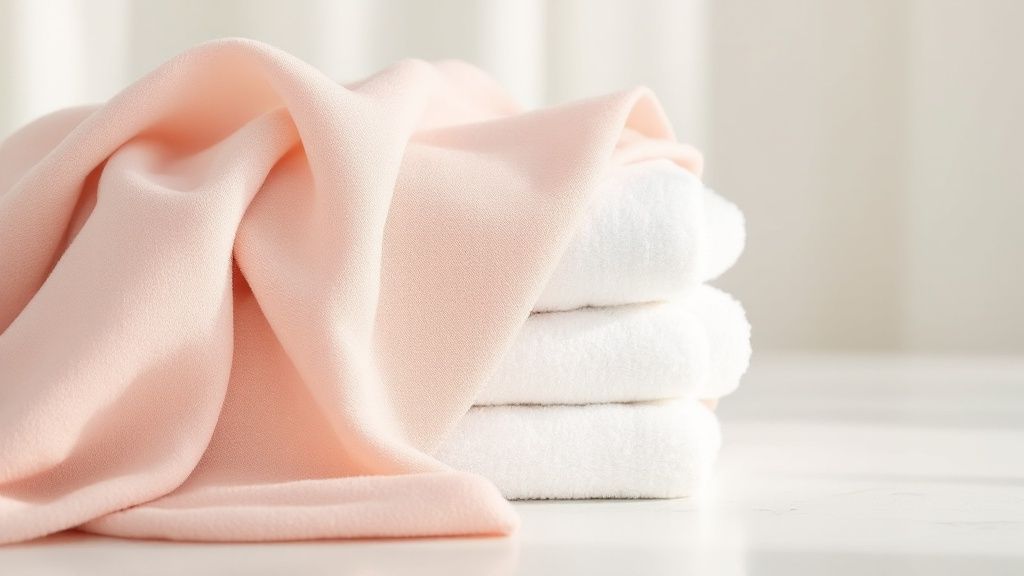 A luxurious bottle of fabric softener next to folded, clean laundry