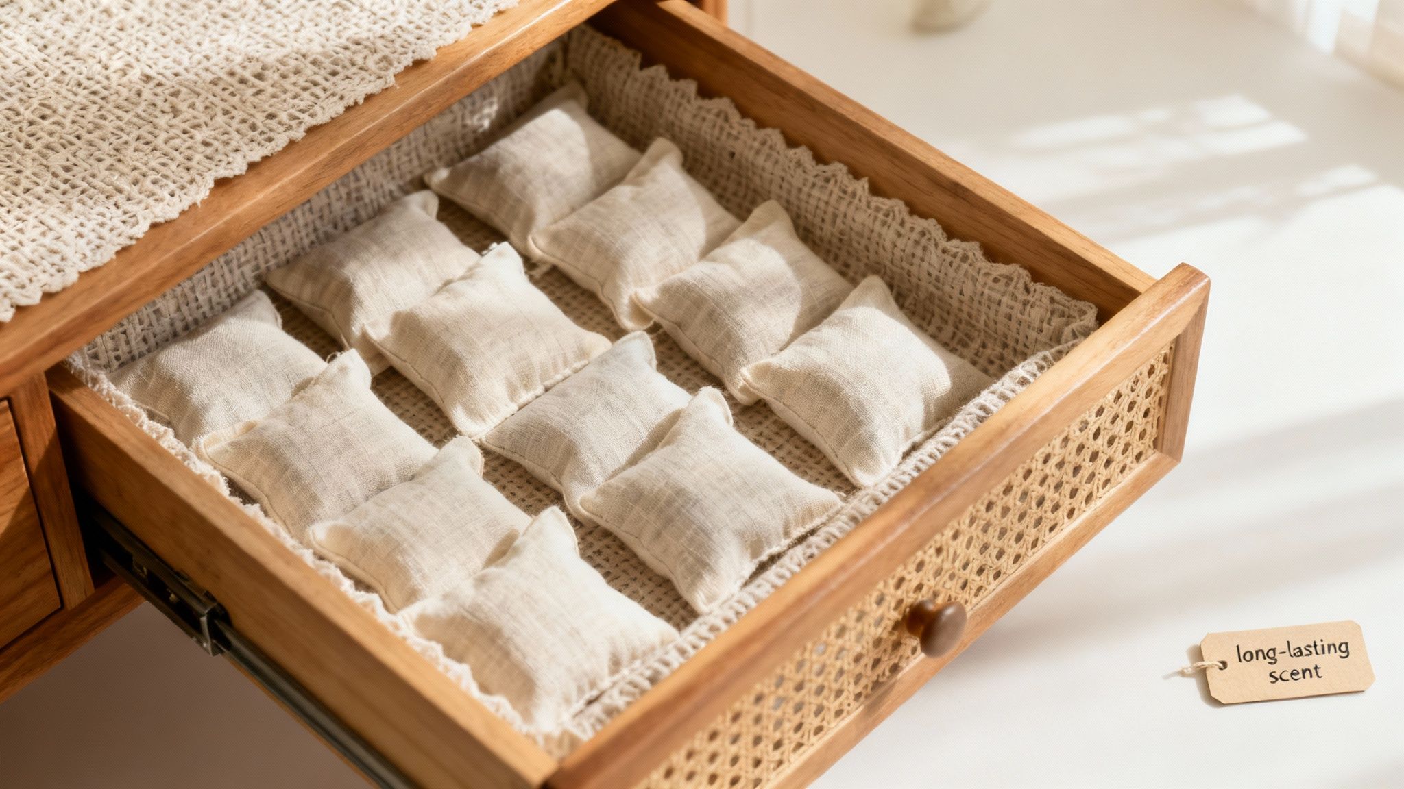 A close-up shot of a person carefully folding a soft, scented sweater.