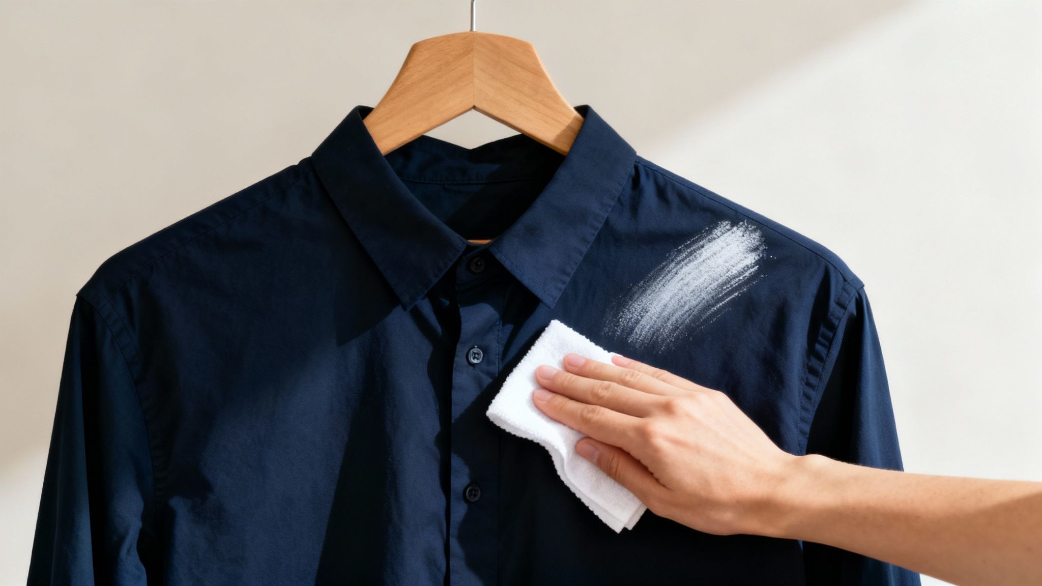 Hand wiping white cleaning cloth on navy blue shirt with deodorant stain on shoulder