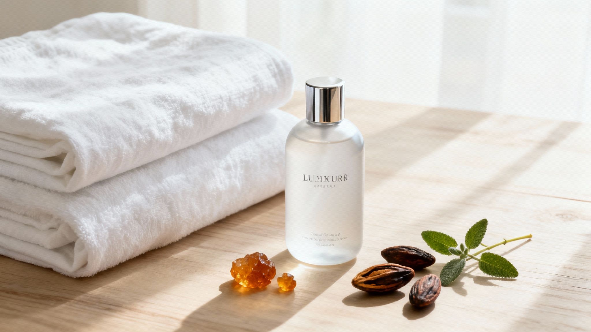 A luxurious bottle of scented fabric softener next to a neatly folded stack of clothes.