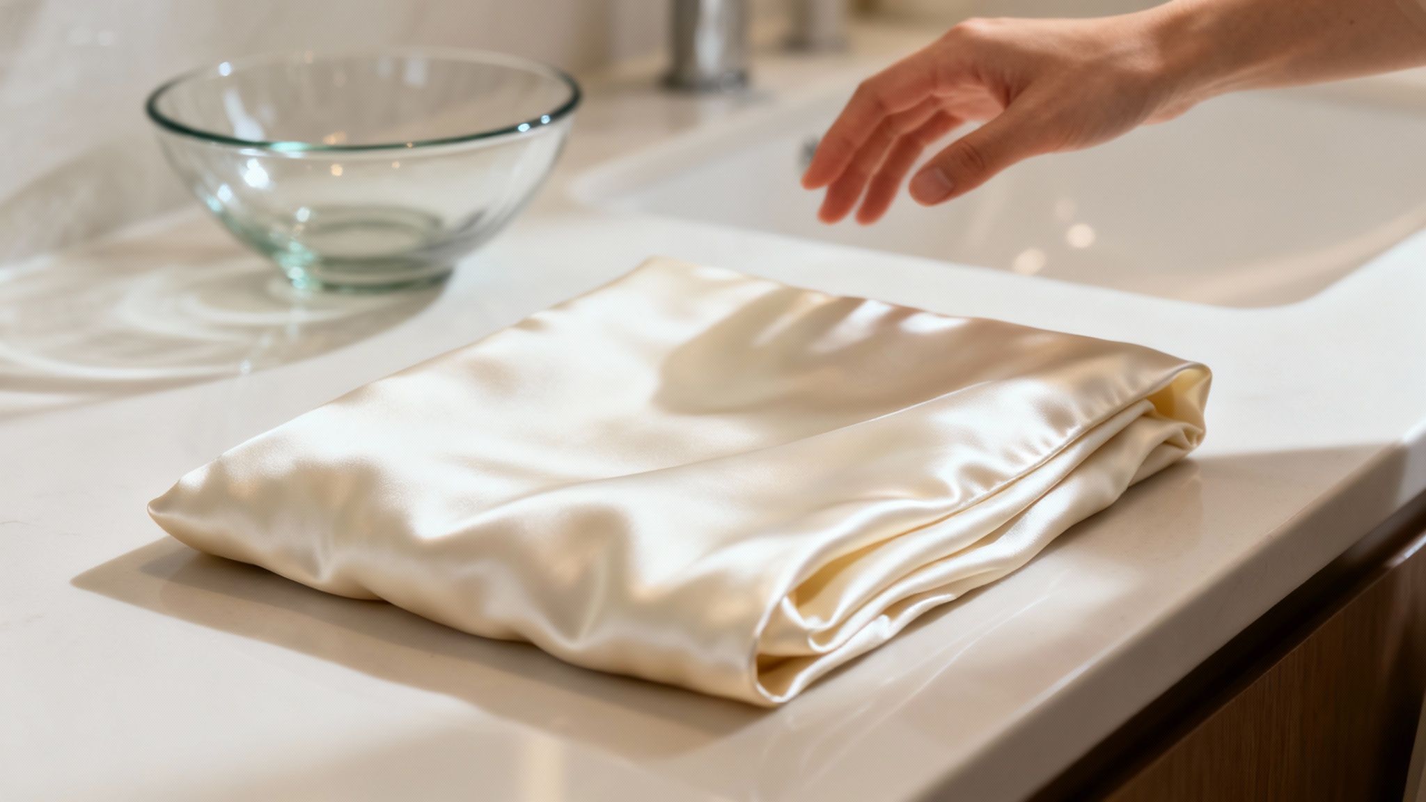 A person gently holding a clean, soft silk pillowcase.