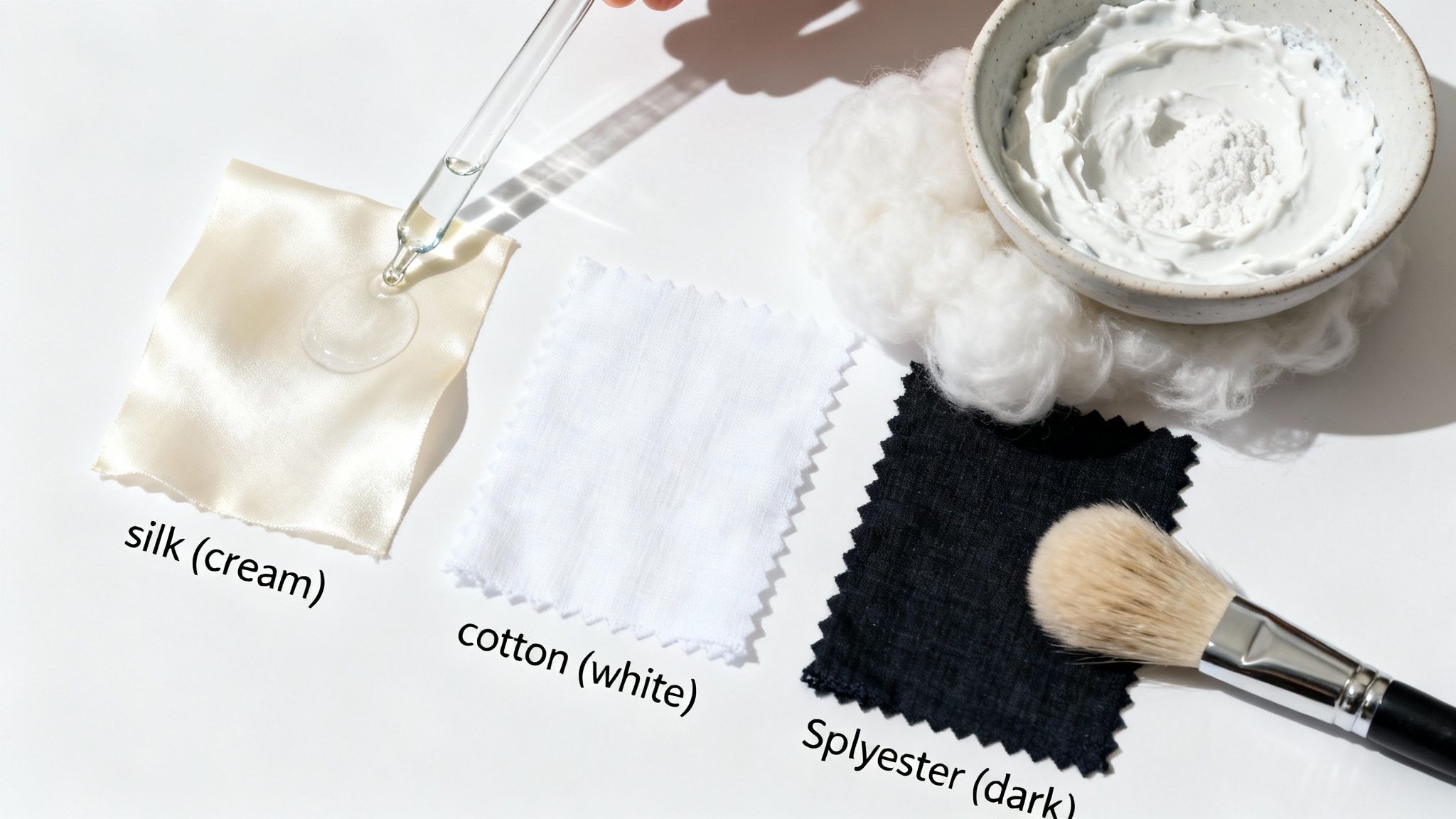 Three fabric swatches silk cotton and polyester with cleaning solution and brush for stain removal