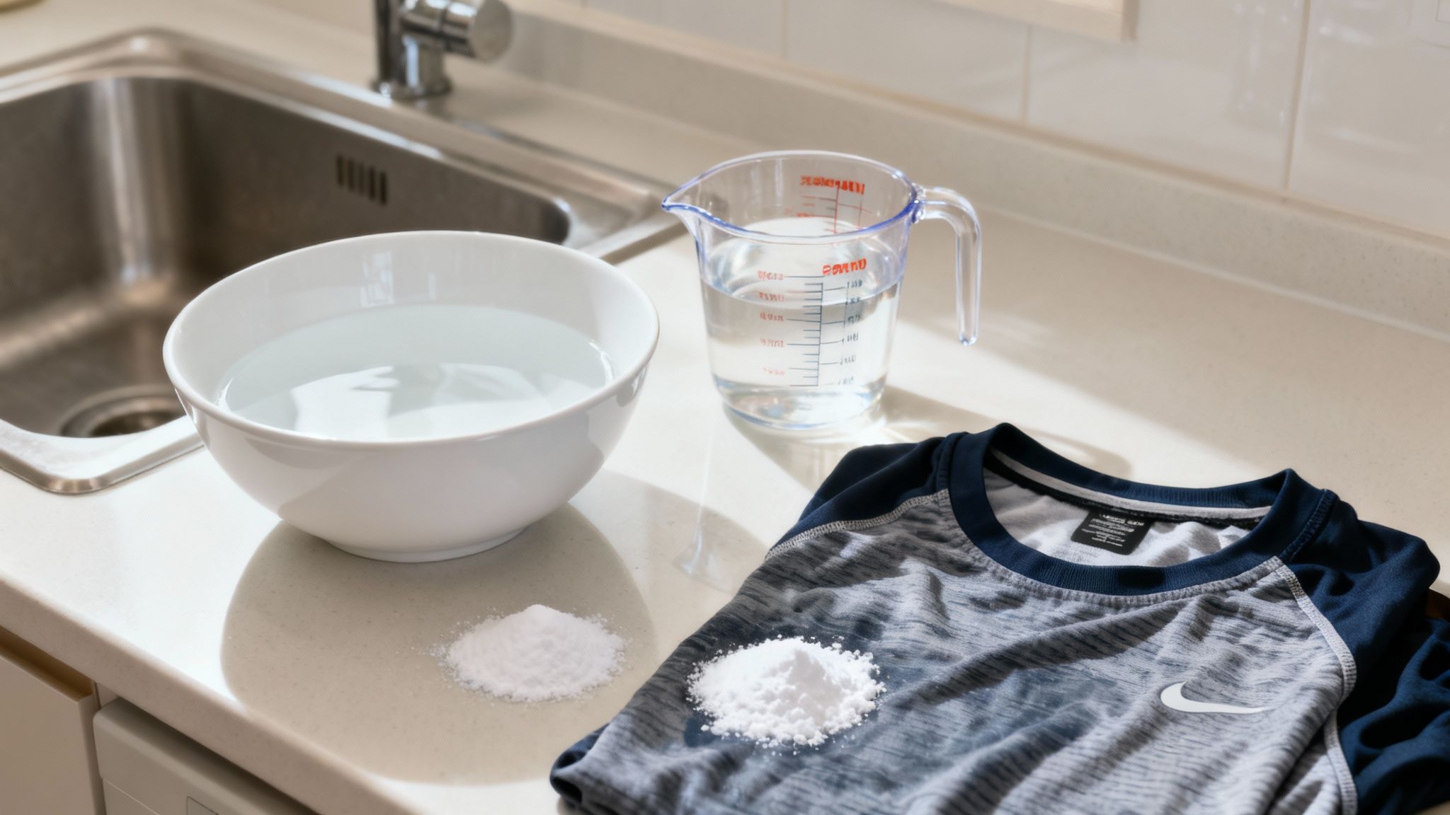 White vinegar and baking soda arranged neatly on a wooden surface, ready for laundry use.